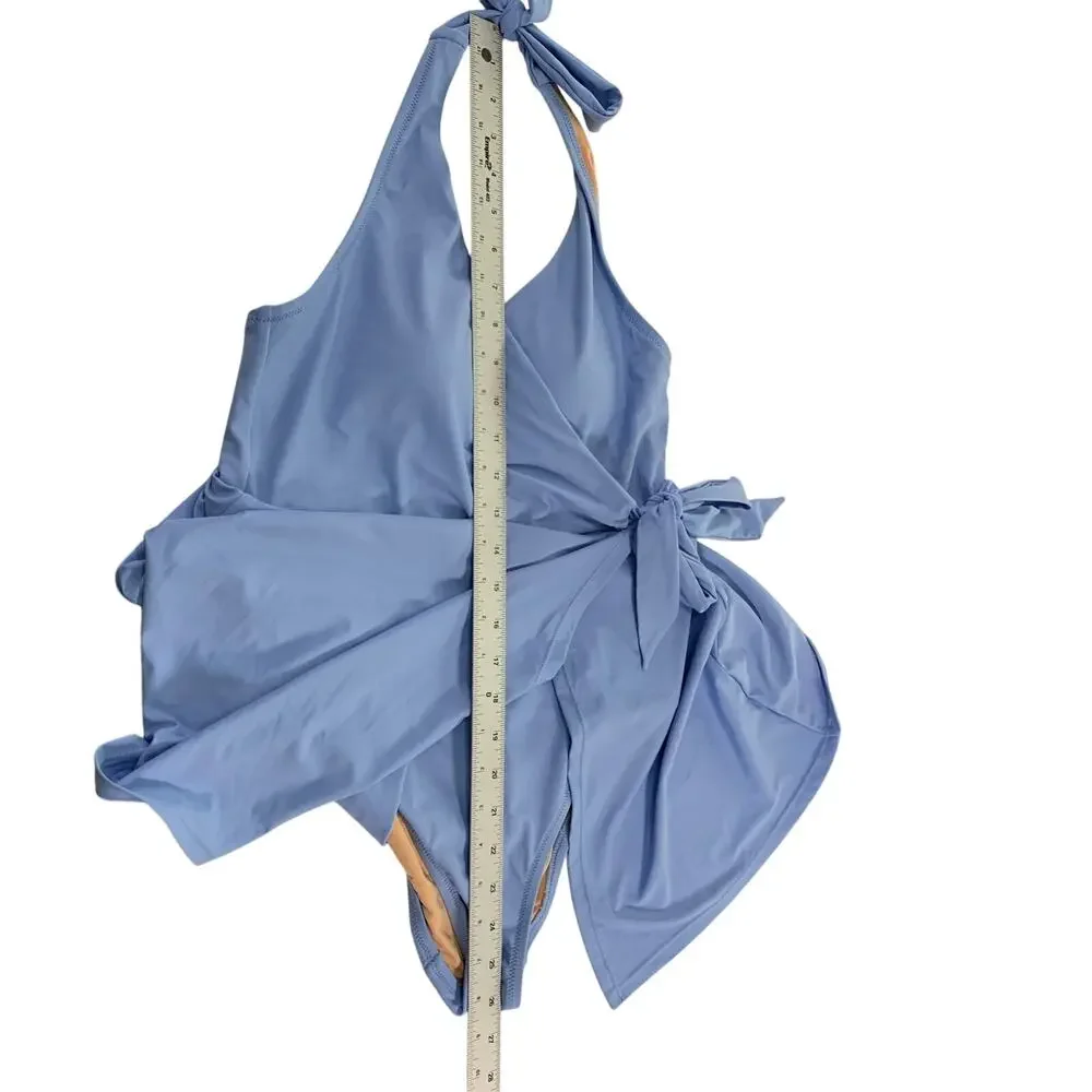 J Crew 6 Womens Halter Wrap Swim Dress Sail Blue Lined Padded Resort Pool